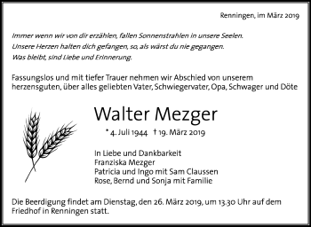 Traueranzeige von Walter Mezger von Leonberger Kreiszeitung / Strohgäu Extra