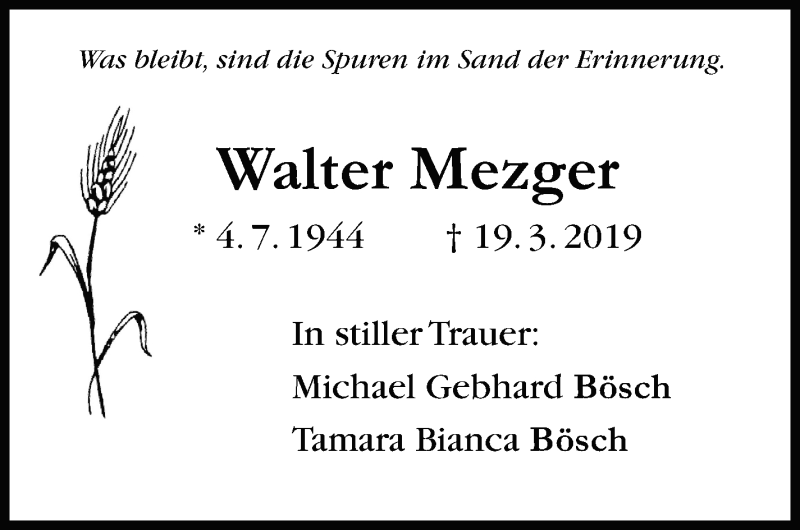  Traueranzeige für Walter Mezger vom 22.03.2019 aus Leonberger Kreiszeitung / Strohgäu Extra