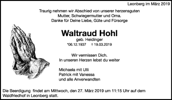 Traueranzeige von Waltraud Hohl von Leonberger Kreiszeitung / Strohgäu Extra
