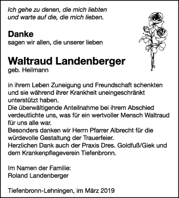 Traueranzeige von Waltraud Landenberger von Leonberger Kreiszeitung / Strohgäu Extra