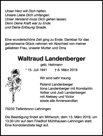 Traueranzeige von Waltraud Landenberger von Leonberger Kreiszeitung / Strohgäu Extra