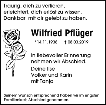 Traueranzeige von Wilfried Pflüger von Leonberger Kreiszeitung / Strohgäu Extra