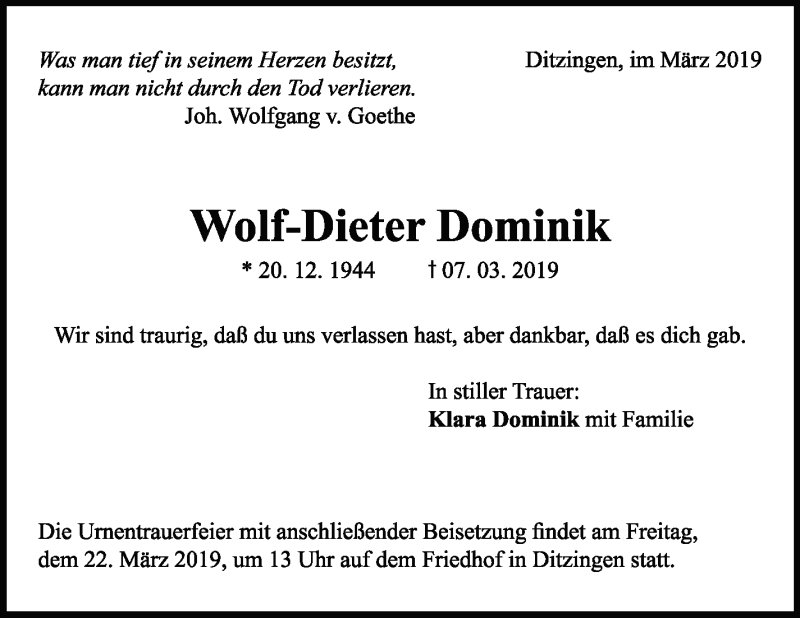  Traueranzeige für Wolf-Dieter Dominik vom 16.03.2019 aus Leonberger Kreiszeitung / Strohgäu Extra