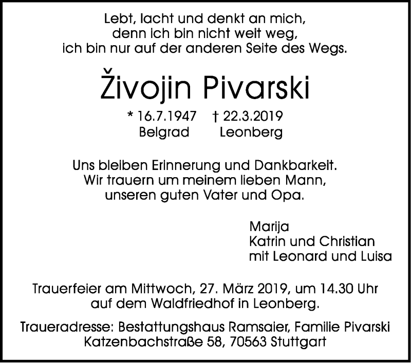  Traueranzeige für Zivojin Pivarski vom 26.03.2019 aus Leonberger Kreiszeitung / Strohgäu Extra