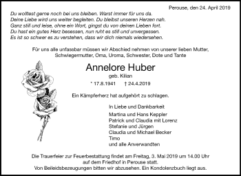 Traueranzeige von Annelore Huber von Leonberger Kreiszeitung / Strohgäu Extra