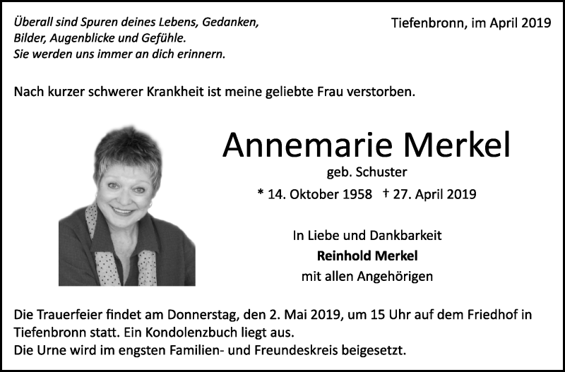  Traueranzeige für Annemarie Merkel vom 30.04.2019 aus Leonberger Kreiszeitung / Strohgäu Extra