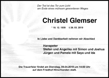 Traueranzeige von Christel Glemser von Leonberger Kreiszeitung / Strohgäu Extra