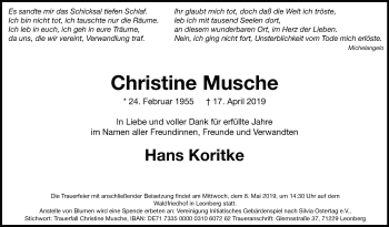 Traueranzeige von Christine Musche von Leonberger Kreiszeitung / Strohgäu Extra