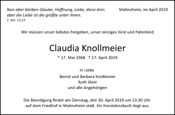 Traueranzeige von Claudia Knollmeier von Leonberger Kreiszeitung / Strohgäu Extra