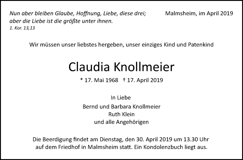  Traueranzeige für Claudia Knollmeier vom 27.04.2019 aus Leonberger Kreiszeitung / Strohgäu Extra