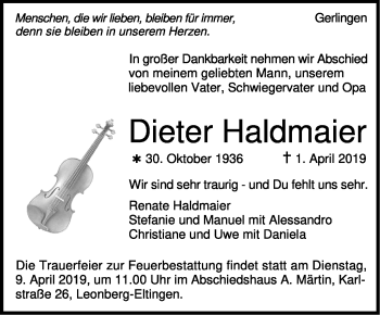 Traueranzeige von Dieter Haldmaier von Leonberger Kreiszeitung / Strohgäu Extra