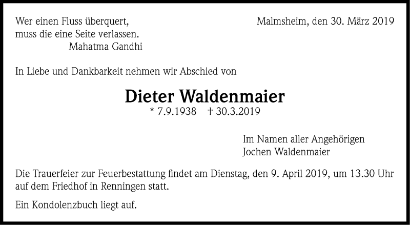  Traueranzeige für Dieter Waldenmaier vom 04.04.2019 aus Leonberger Kreiszeitung / Strohgäu Extra