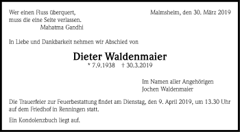 Traueranzeige von Dieter Waldenmaier von Leonberger Kreiszeitung / Strohgäu Extra