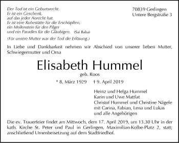 Traueranzeige von Elisabeth Hummel von Leonberger Kreiszeitung / Strohgäu Extra