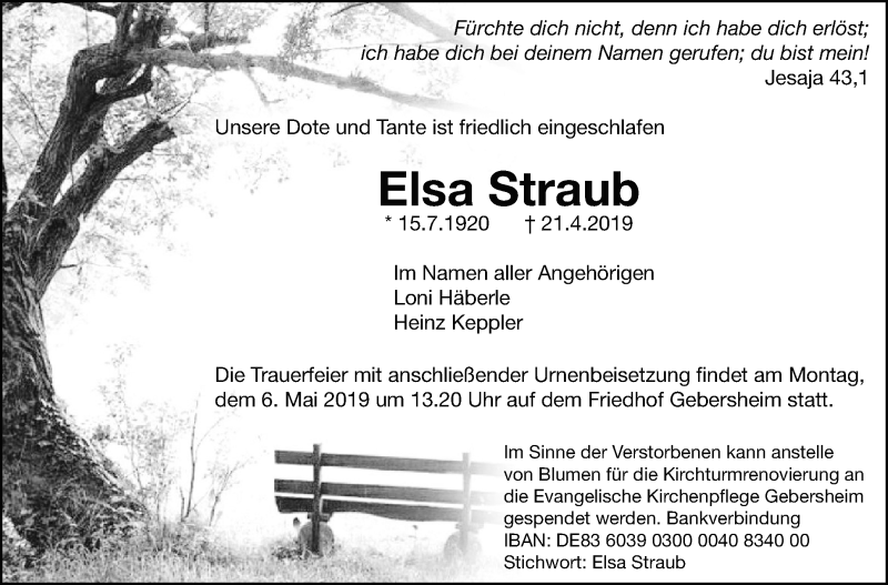  Traueranzeige für Elsa Straub vom 30.04.2019 aus Leonberger Kreiszeitung / Strohgäu Extra