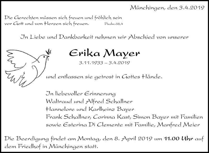  Traueranzeige für Erika Mayer vom 05.04.2019 aus Leonberger Kreiszeitung / Strohgäu Extra