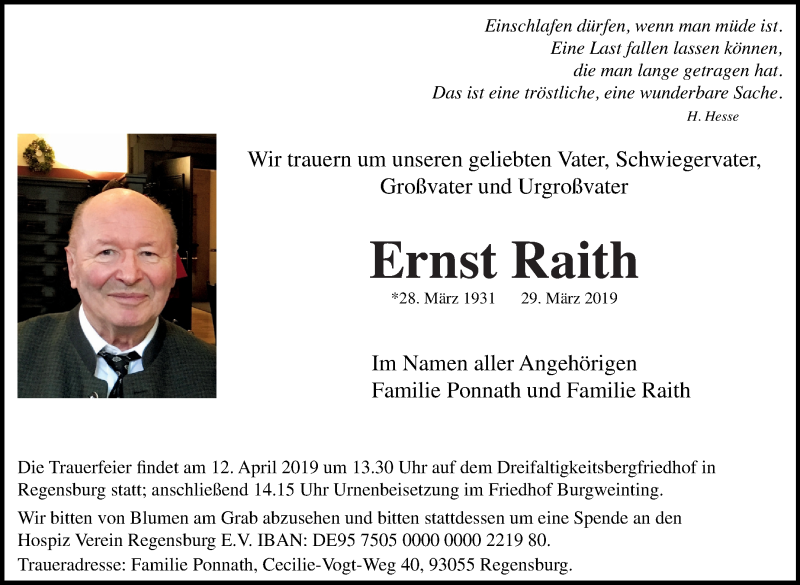  Traueranzeige für Ernst Raith vom 06.04.2019 aus Leonberger Kreiszeitung / Strohgäu Extra