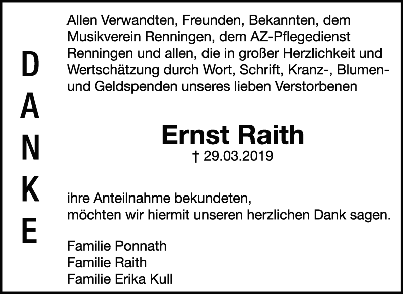  Traueranzeige für Ernst Raith vom 17.04.2019 aus Leonberger Kreiszeitung / Strohgäu Extra