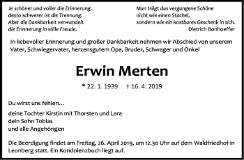 Traueranzeige von Erwin Merten von Leonberger Kreiszeitung / Strohgäu Extra