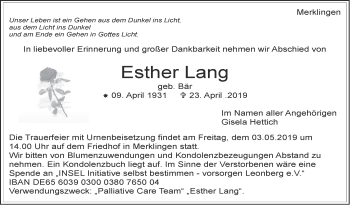 Traueranzeige von Esther Lang  von Leonberger Kreiszeitung / Strohgäu Extra