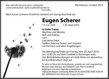 Traueranzeige von Eugen Scherer von Leonberger Kreiszeitung / Strohgäu Extra