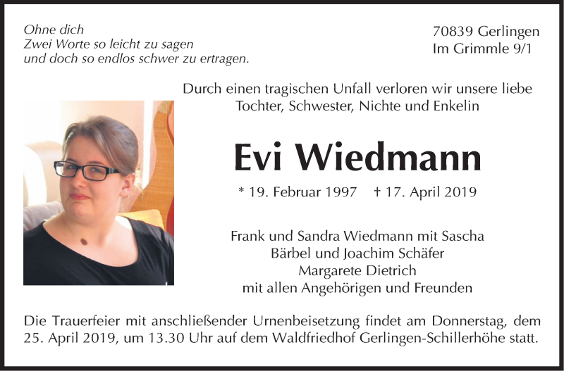  Traueranzeige für Evi Wiedmann vom 20.04.2019 aus Leonberger Kreiszeitung / Strohgäu Extra