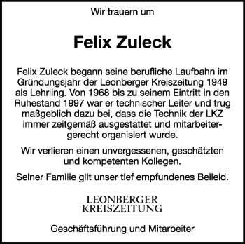 Traueranzeige von Felix Zuleck von Leonberger Kreiszeitung / Strohgäu Extra