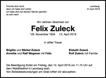 Traueranzeige von Felix Zuleck von Leonberger Kreiszeitung / Strohgäu Extra