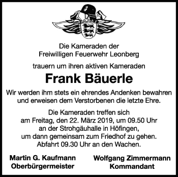 Traueranzeige von Frank Bäuerle von Leonberger Kreiszeitung / Strohgäu Extra