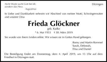 Traueranzeige von Frieda Glöckner von Leonberger Kreiszeitung / Strohgäu Extra