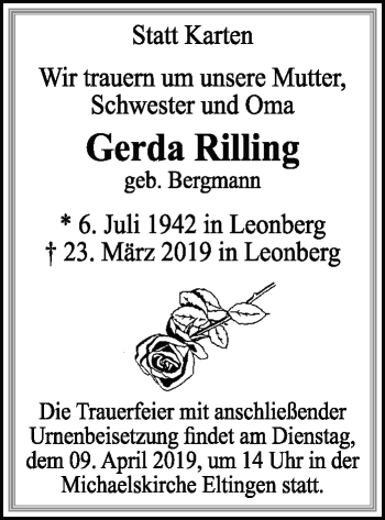 Traueranzeige von Gerda Rilling von Leonberger Kreiszeitung / Strohgäu Extra