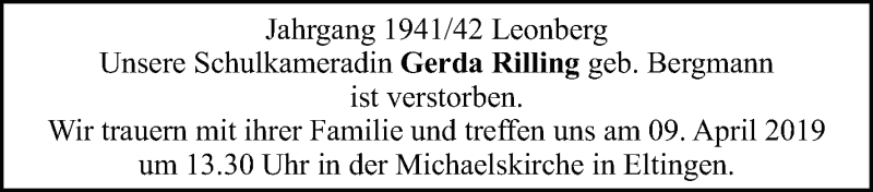  Traueranzeige für Gerda Rilling vom 06.04.2019 aus Leonberger Kreiszeitung / Strohgäu Extra