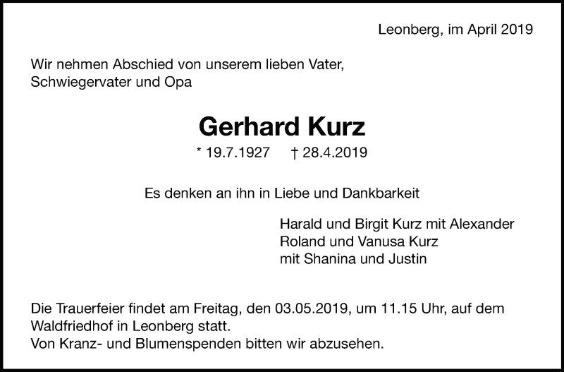  Traueranzeige für Gerhard Kurz vom 30.04.2019 aus Leonberger Kreiszeitung / Strohgäu Extra
