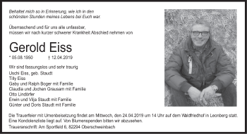 Traueranzeige von Gerold Eiss von Leonberger Kreiszeitung / Strohgäu Extra