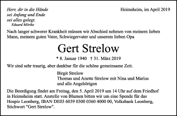 Traueranzeige von Gert Strelow von Leonberger Kreiszeitung / Strohgäu Extra