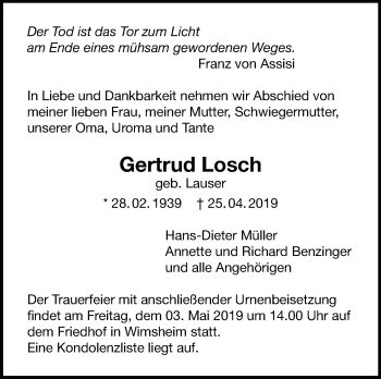 Traueranzeige von Gertrud Losch von Leonberger Kreiszeitung / Strohgäu Extra