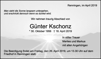 Traueranzeige von Günter Kschonz von Leonberger Kreiszeitung / Strohgäu Extra