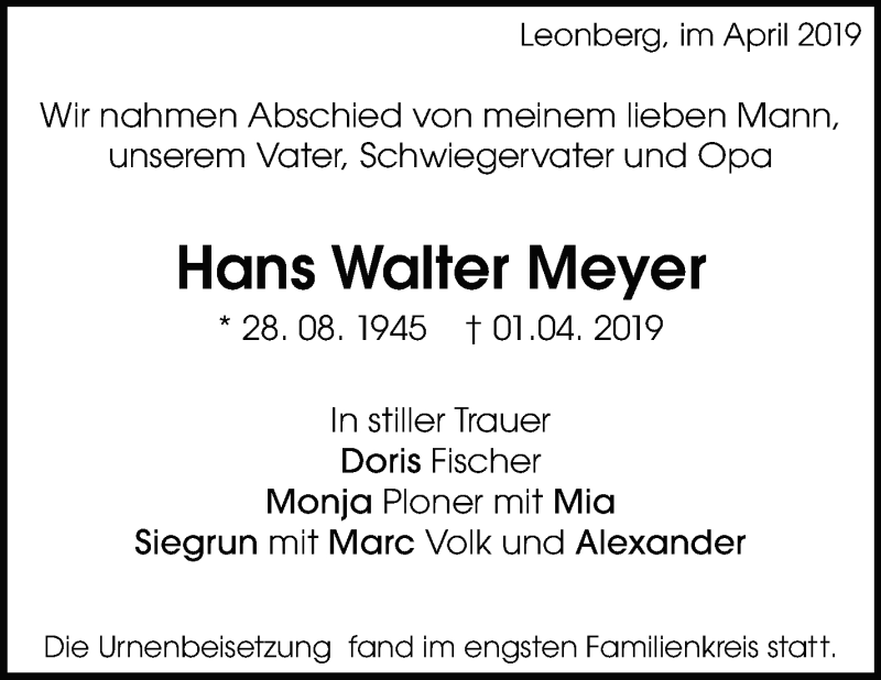 Traueranzeige für Hans Walter Meyer vom 16.04.2019 aus Leonberger Kreiszeitung / Strohgäu Extra