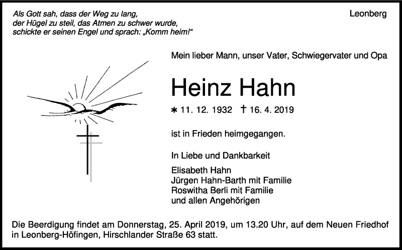  Traueranzeige für Heinz Hahn vom 20.04.2019 aus Leonberger Kreiszeitung / Strohgäu Extra