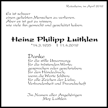Traueranzeige von Heinz Luithlen von Leonberger Kreiszeitung / Strohgäu Extra