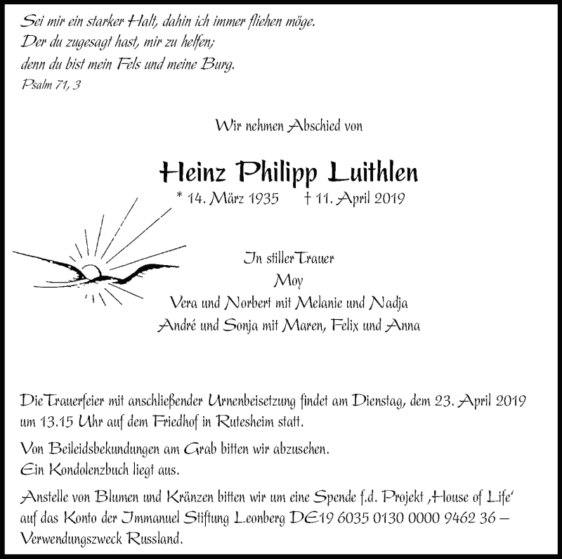  Traueranzeige für Heinz Philipp Luithlen vom 17.04.2019 aus Leonberger Kreiszeitung / Strohgäu Extra
