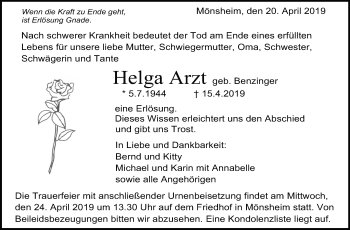 Traueranzeige von Helga Arzt von Leonberger Kreiszeitung / Strohgäu Extra