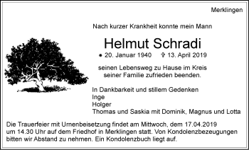 Traueranzeige von Helmut Schradi von Leonberger Kreiszeitung / Strohgäu Extra