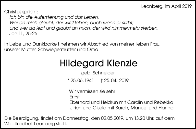  Traueranzeige für Hildegard Kienzle vom 29.04.2019 aus Leonberger Kreiszeitung / Strohgäu Extra