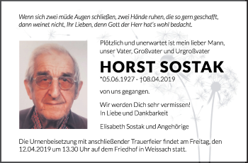 Traueranzeige von Horst Sostak von Leonberger Kreiszeitung / Strohgäu Extra
