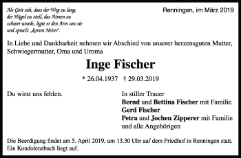 Traueranzeige von Inge Fischer von Leonberger Kreiszeitung / Strohgäu Extra