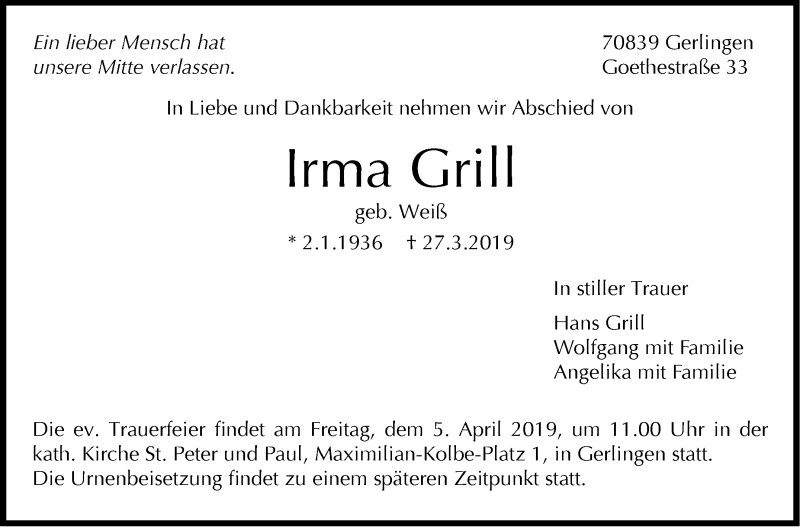  Traueranzeige für Irma Grill vom 02.04.2019 aus Leonberger Kreiszeitung / Strohgäu Extra