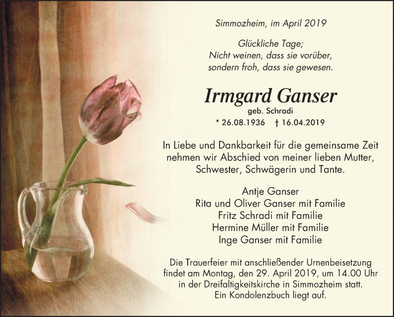  Traueranzeige für Irmgard Ganser vom 25.04.2019 aus Leonberger Kreiszeitung / Strohgäu Extra