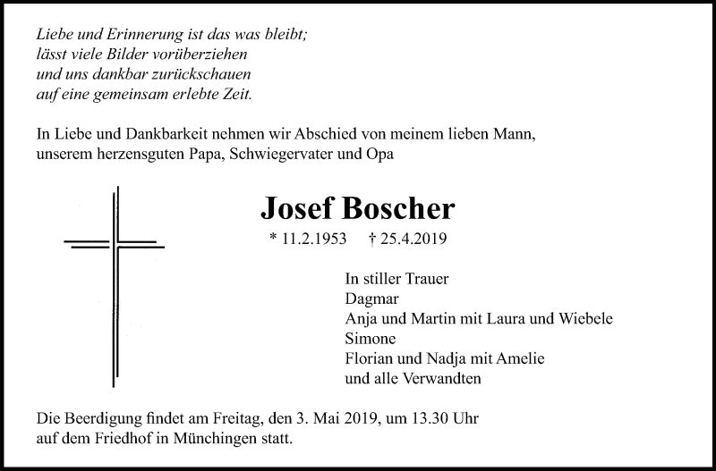  Traueranzeige für Josef Boscher vom 30.04.2019 aus Leonberger Kreiszeitung / Strohgäu Extra