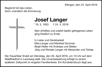Traueranzeige von Josef Langer von Leonberger Kreiszeitung / Strohgäu Extra